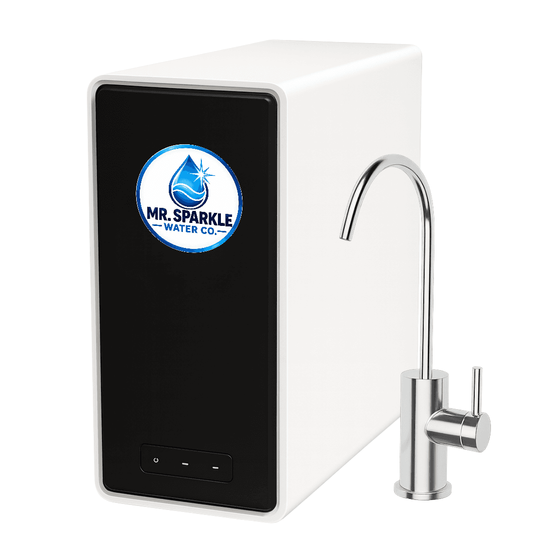 Under-sink reverse osmosis unit and faucet with the Mr. Sparkle Water Co. logo